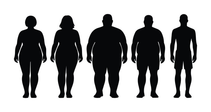 Human body type silhouettes, diverse male and female figures representing various body shapes and sizes, health and wellness vector illustration set.