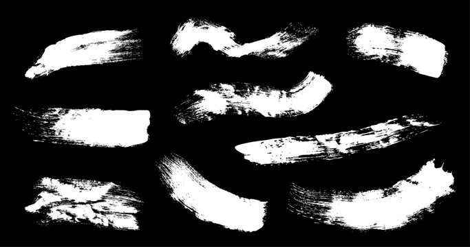 Hand drawn white vector brushes pack isolated on black background. Detailed paint splashes. Grungy stripes pattern. Vector illustrator