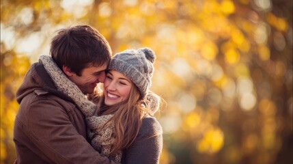 Fototapeta premium The happy couple are in a loving embrace while spending an autumn day together outdoors.