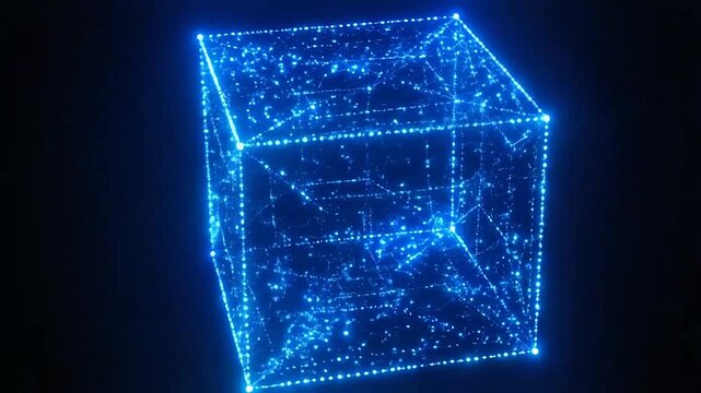 Abstract glowing cube with connected dots and lines on a dark background. Digital art