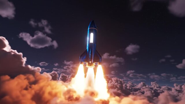 Rocket launch in night sky for tech concepts, digital marketing, and scientific projects