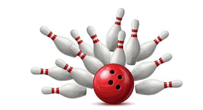 Digital illustration of a red bowling ball hitting white pins with red stripes on a plain white background