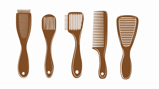 Silhouetted illustration of various hair brushes and combs in brown hues against a white background