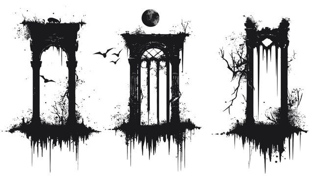 A gothic composition of three stylized archways, featuring bats, moon, and eerie abstract details