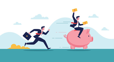 Obraz premium Competitive race between a businessman running on foot and another businessman riding on a fast piggy bank with money.