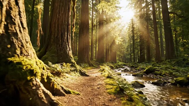 Sunlit forest path with mossy trees for environmental projects, nature documentaries, and commercials