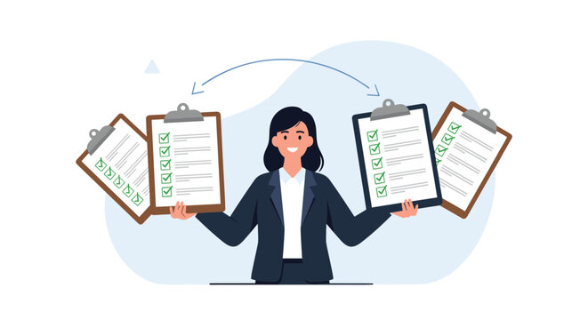 Professional businesswoman juggling and holding several clipboards with checkmarks and lists representing multitasking skills.