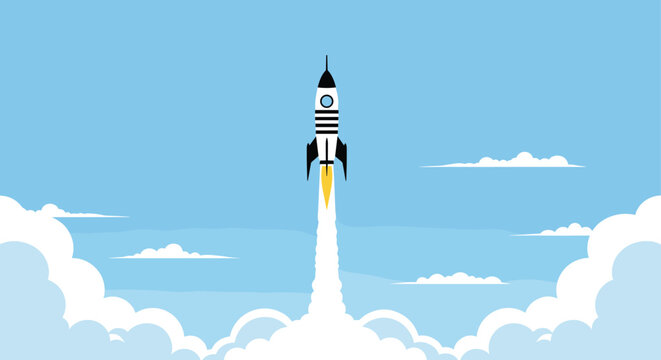 Powerful rocket ship blasting off into a bright blue sky with white clouds representing a startup launch or successful business takeoff.