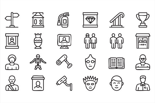 Museum exhibition, artifact collection and monitoring line icons for cultural institutions