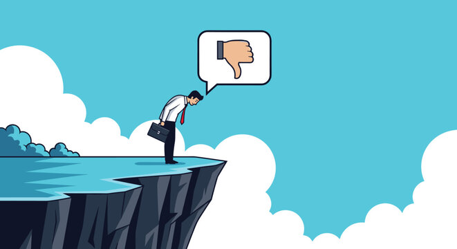 Depressed businessman standing at the edge of a high cliff with a thumbs down icon representing failure, regret, or a professional low point.