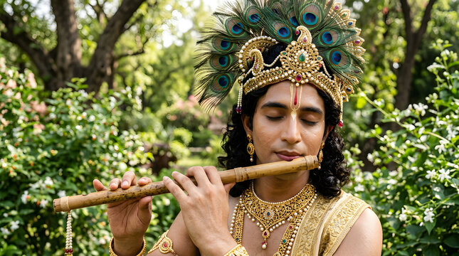 Lord Krishna Playing Bamboo Flute in a Sacred Garden with Lotus Flowers