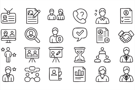 Employee profile, interview and hiring workflow icons for business HR systems