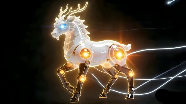 3D Mechanical Kirin Totem - White Porcelain & Imperial Jade - Futuristic AI Innovation & Power Video - Isolated on Black Void