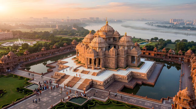 Majestic Aerial View of Akshardham Temple at Sunset with River Landscape