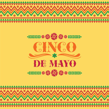 Cinco de Mayo 2026 banner with Mexican ornament border, festive yellow background for fiesta poster, invitation and restaurant promotion