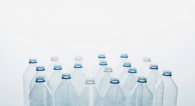 A collection of empty plastic water bottles arranged in a row on a white background.