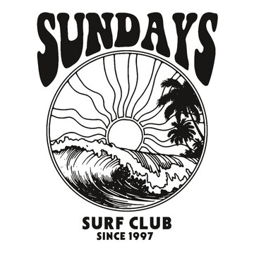 Vintage surf club logo with tropical wave and palm trees
