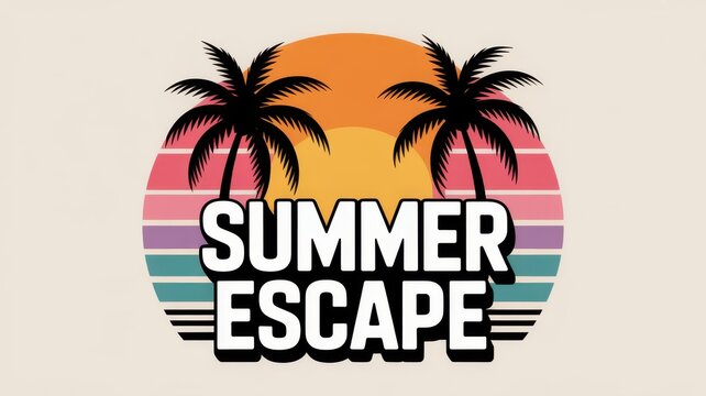 Vibrant summer escape graphic with palm trees and sunset background logo design