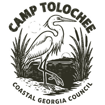 Camp Tolochee logo with heron and coastal Georgia council