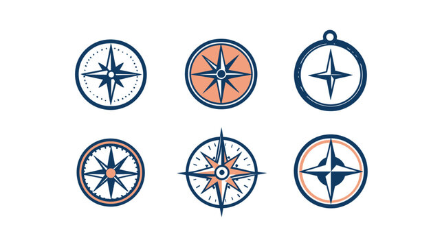 Collection of stylized compass icons in navy and peach on a clean white background