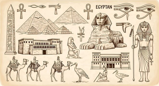 Egyptian ancient symbols and landmarks collage with pyramids sphinx obelisks and hieroglyphic illustrations