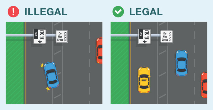Safe driving tips and traffic regulation rules. Legal and illegal drive into a HOV lane. Do not cross a buffer zone. Top view of a traffic flow on motorway. Flat vector illustration template.