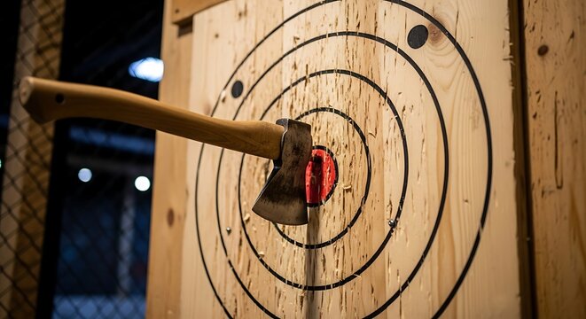 Close-up of an axe embedded in the bullseye of a wooden target