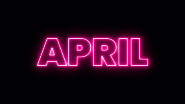 pink neon saber text april word animation glowing vibrant typography with light effect on dark background, 4k video