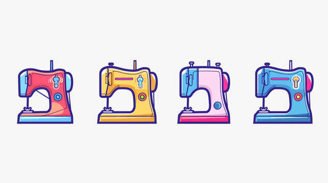 Four colorful, cartoon-styled sewing machines in a row on a white background