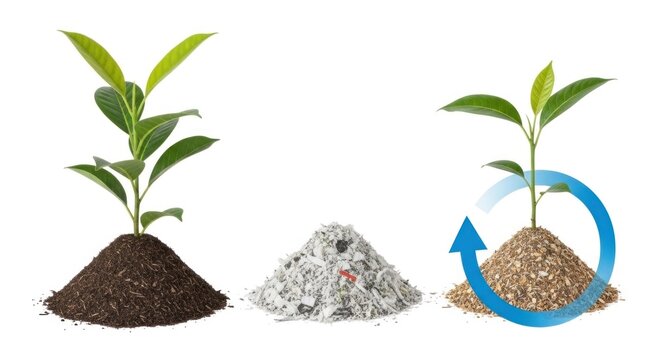 Three stages of plant growth: seedling, soil, and soil with roots, against a white background with a blue arrow indicating growth cycle