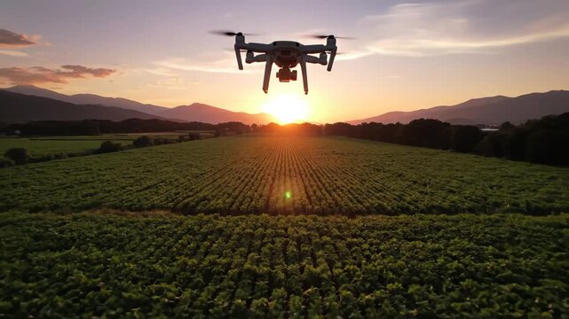 Drone flying over crop field at sunset for tech concepts, digital marketing, and scientific projects