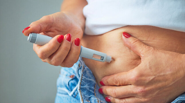 Close-up of self injection with medical pen in abdomen, home treatment concept for diabetes or weight loss medication, healthcare and wellness
