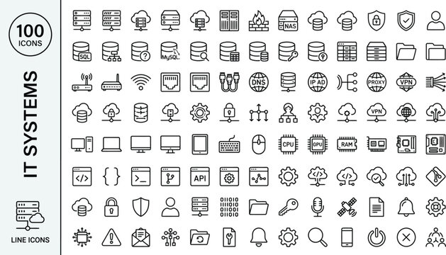 A collection of line icons representing various IT systems and technology concepts. AI, eps, png, jpg. transparent background.
