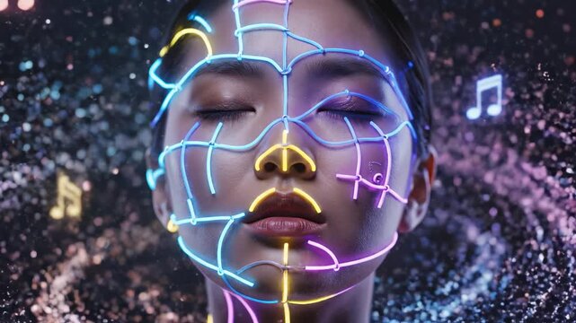 Woman with glowing musical lines on face for commercial backgrounds, digital design, and advertising