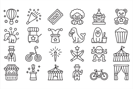 Festival entertainment icon collection with circus performance and fun elements
