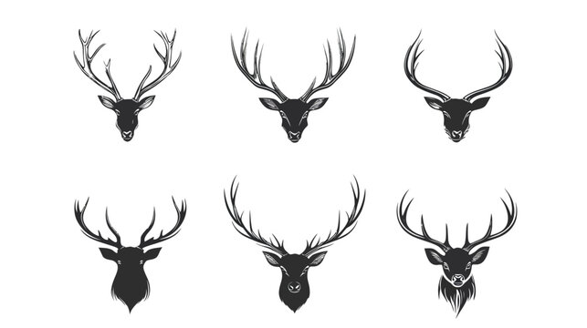 A collection of six stylized deer heads with prominent antlers, depicted in monochrome