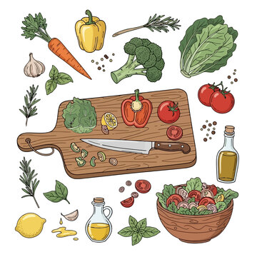 Fresh vegetables and healthy salad preparation with wooden cutting board kitchen knife olive oil herbs and ingredients set for cooking vegetarian meal illustration.