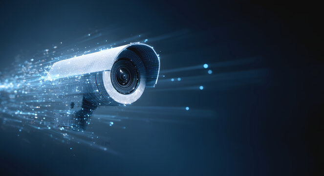 Digital camera lens with data particles in futuristic technology background