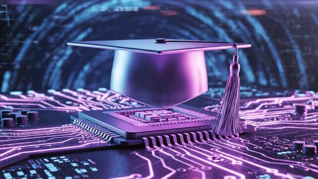 Graduation cap on a circuit board for commercial backgrounds, digital design, and advertising