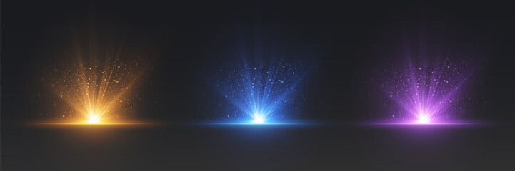 Bright glowing light burst with sparkling particles and radiant rays on dark background. © Oleksandr