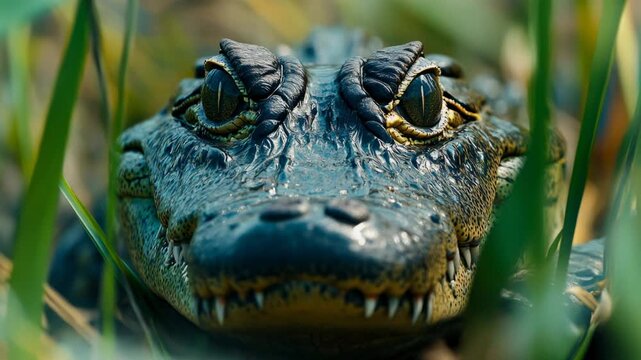 Extreme close-up of a dangerous reptile's face partially hidden in the swamp vegetation