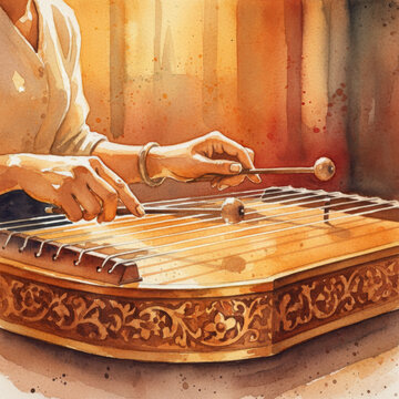 Traditional Thai khim instrument watercolor painting of hands playing wooden hammer dulcimer for musical art