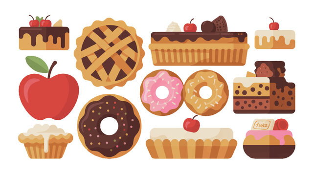 Assortment of delicious pastries and desserts including cakes donuts tarts muffins on a white background with sweet treats baked goods dessert assort