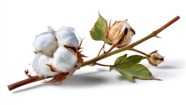 Fluffy white cotton bolls and drying pods on a stem with green leaves