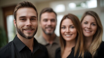 Obraz premium Three confident professionals posing together in a modern brightly lit indoor setting conveying themes of teamwork and success