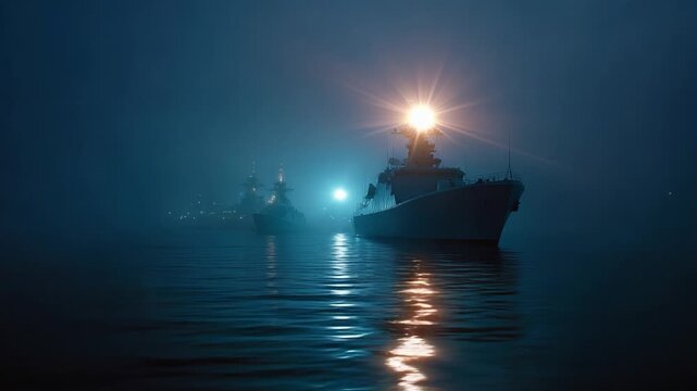 Foggy night on water. Ships' bright lights pierce through mist. Gentle waves reflect glowing beams. Silent, calm atmosphere evokes mystery. Ideal for military, maritime, or suspense themes