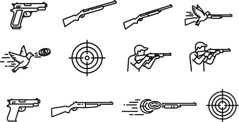Shooting Sports Icon Set Featuring Handguns, Rifles, Targets, and Clay Pigeon Shooting for Sports, Hunting, and Recreation Design © Shilpi