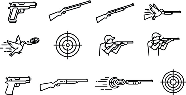Shooting Sports Icon Set Featuring Handguns, Rifles, Targets, and Clay Pigeon Shooting for Sports, Hunting, and Recreation Design