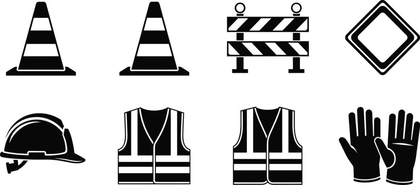 Construction Safety Icon Set Featuring Helmets, Cones, Barriers, Vests, and Gloves for Workplace Safety and Construction Designs