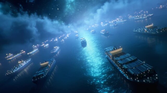 Nighttime port bustling with cargo ships and lights. Ships move slowly under dark, misty sky. Blue water reflects glowing vessel lights. Ideal for logistics, maritime, or global trade themes